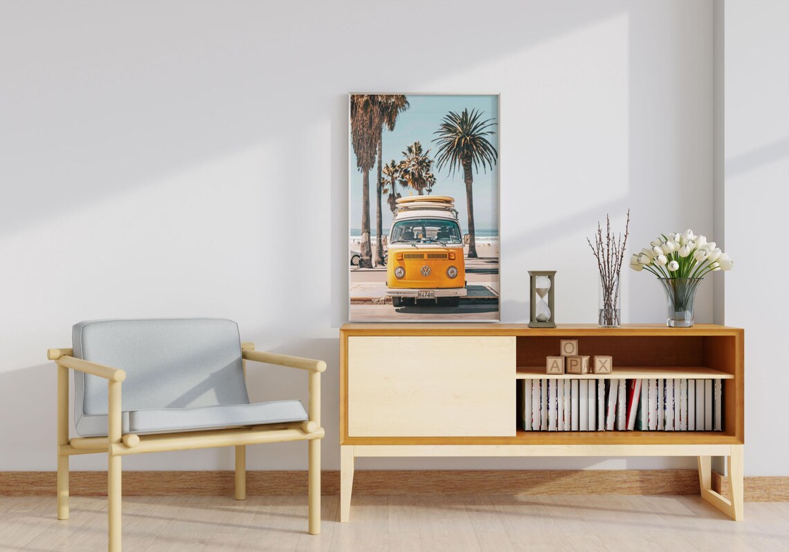 Yellow Classic VW Bus With Surfboards at a Palm Beach Poster - Image 2