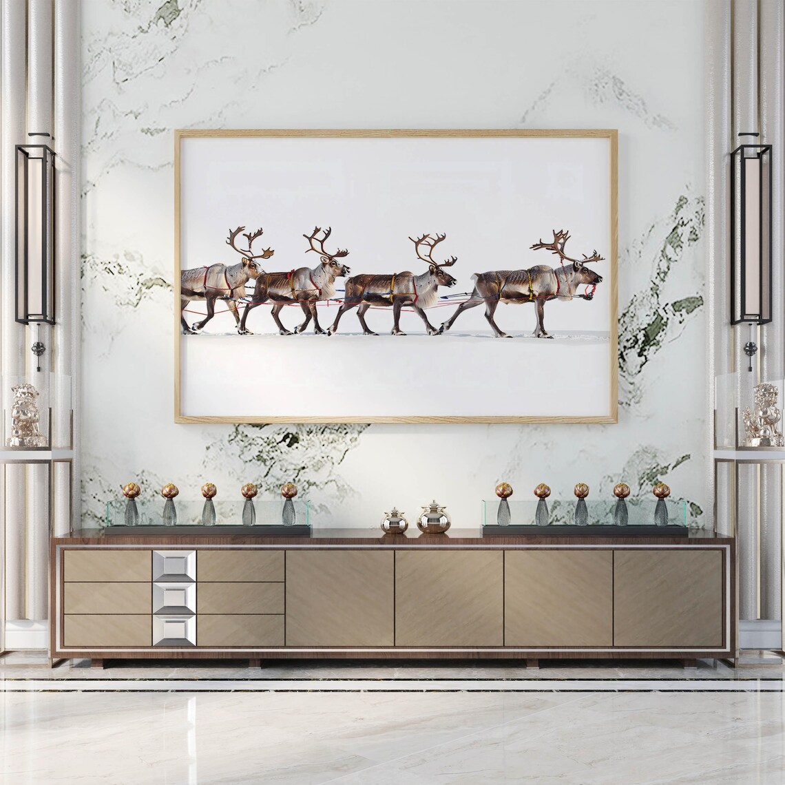 Four Reindeer Walking in a Row Across the Snowy Tundra Poster - Image 3