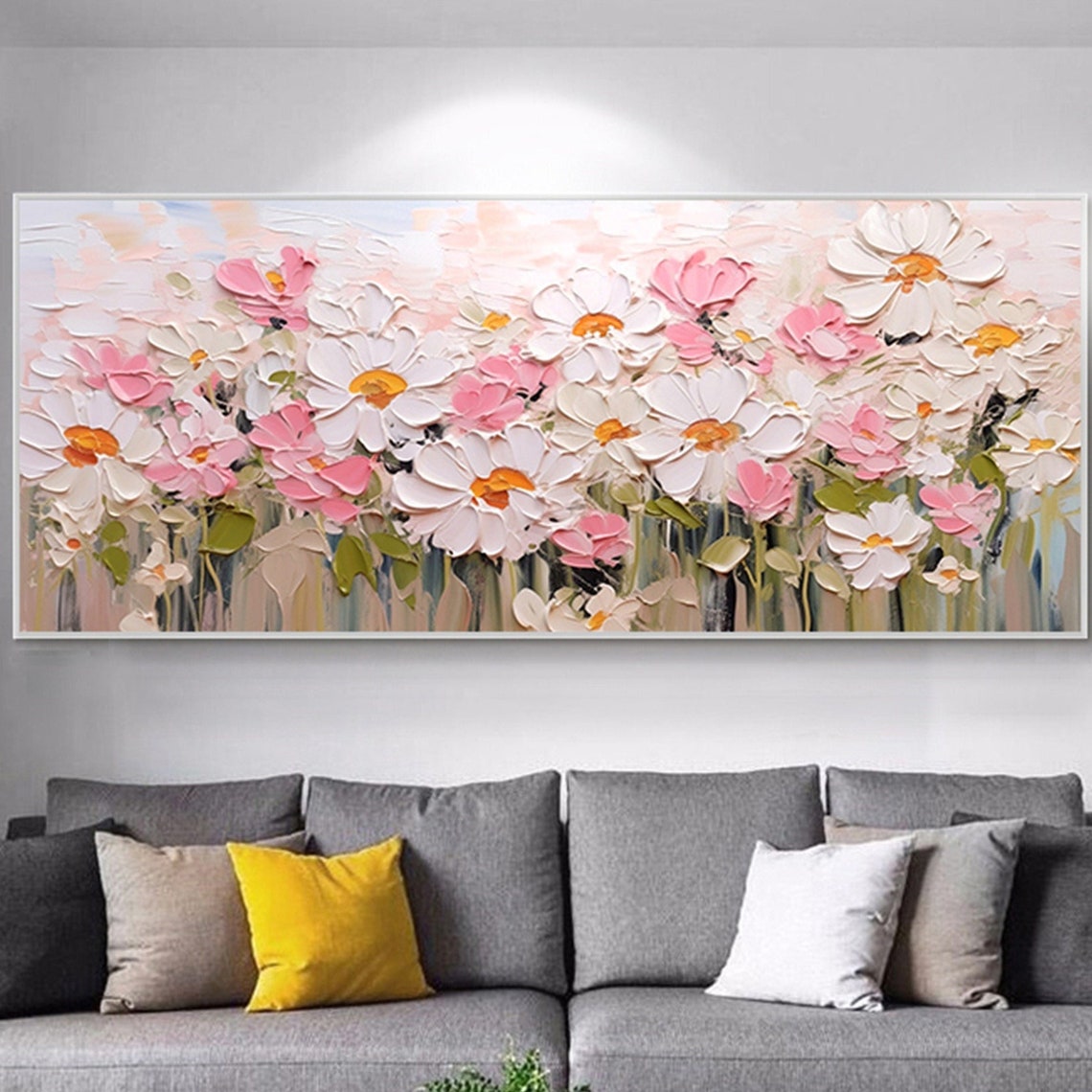 White Pink Cosmos Flower Field Panoramic Textured Floral Wall Art