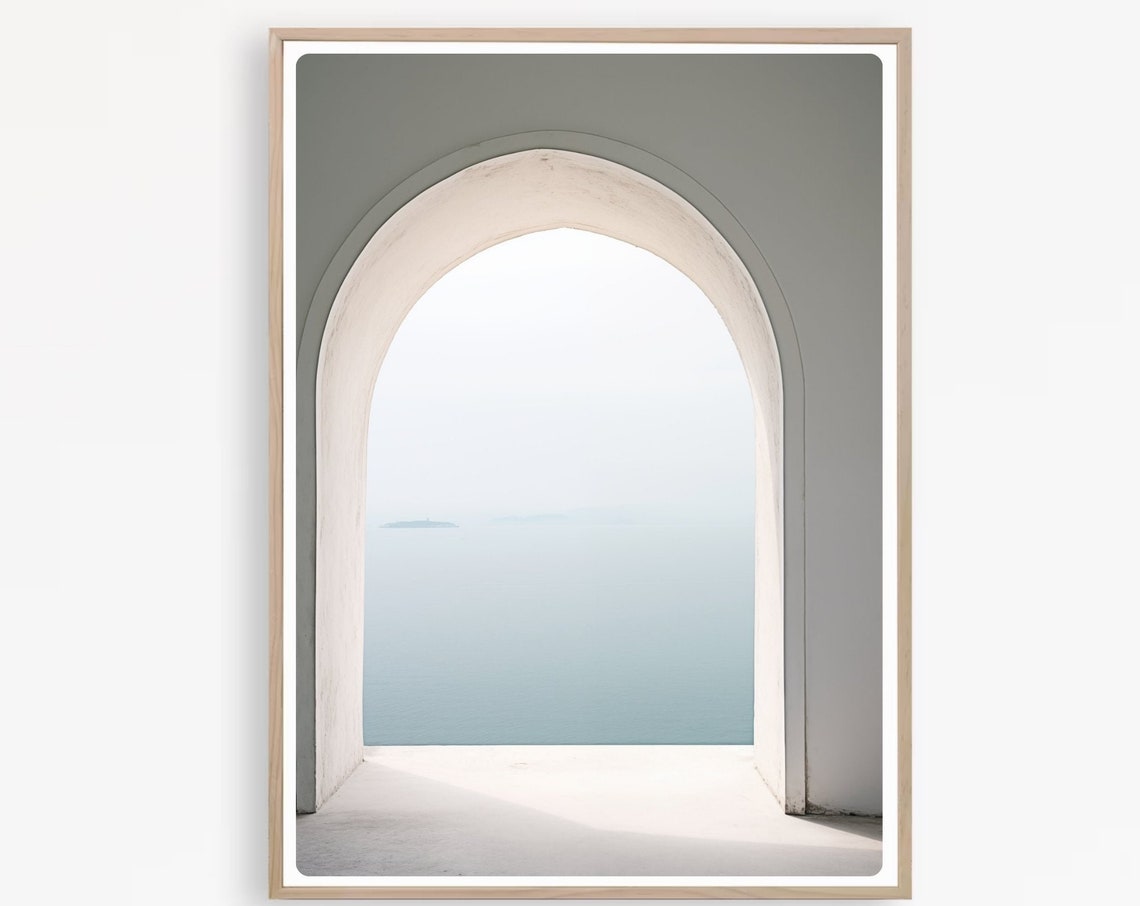 Minimalist White Greek Archway Framing Ocean View Photo Poster