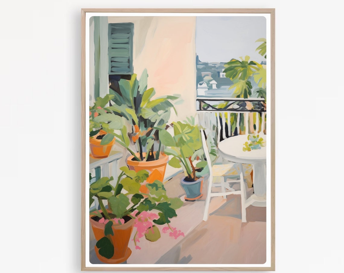 Sunny Mediterranean Balcony with Potted Plants and Sea View Poster