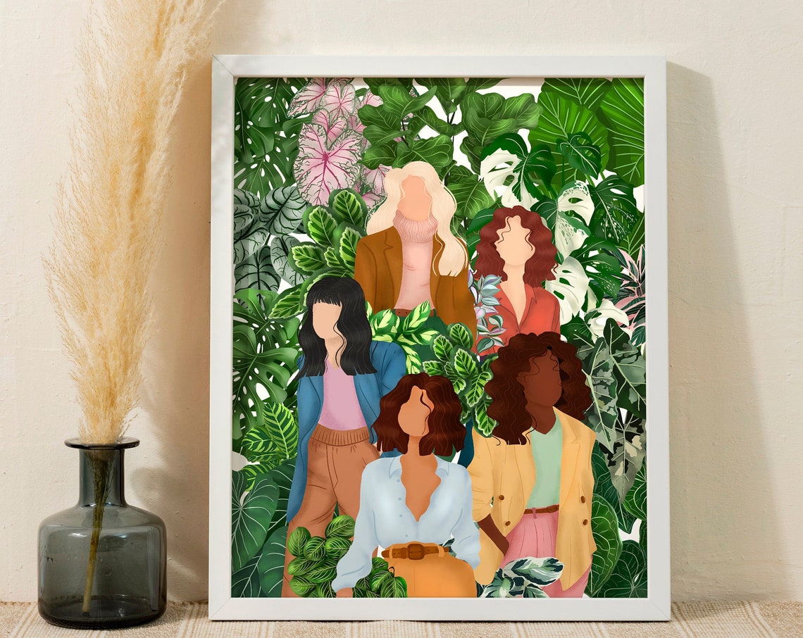 Five Diverse Women Standing Among Lush Monstera Leaves Art Poster - Image 2