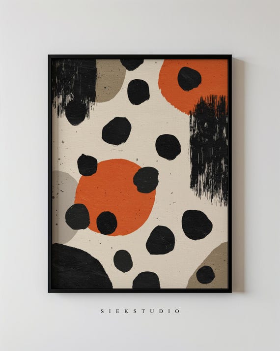 Abstract Minimalist Dot Painting Modern Organic Circle Black Beige Orange Wall Art With Textured Brushwork Contemporary Decor 70