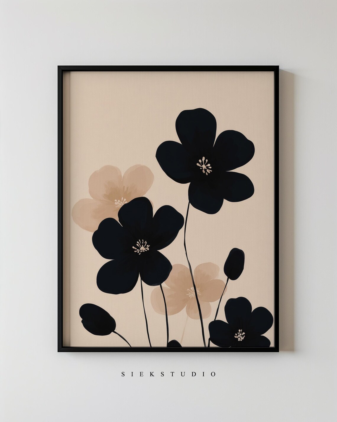 Abstract Minimalist Spring Botanical Wall Art Modern Black Flower Contemporary Neutral Beige Minimalistic Floral Decor 294