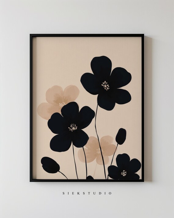 Black and Beige Abstract Flower Cluster Minimalist Botanical Wall Art