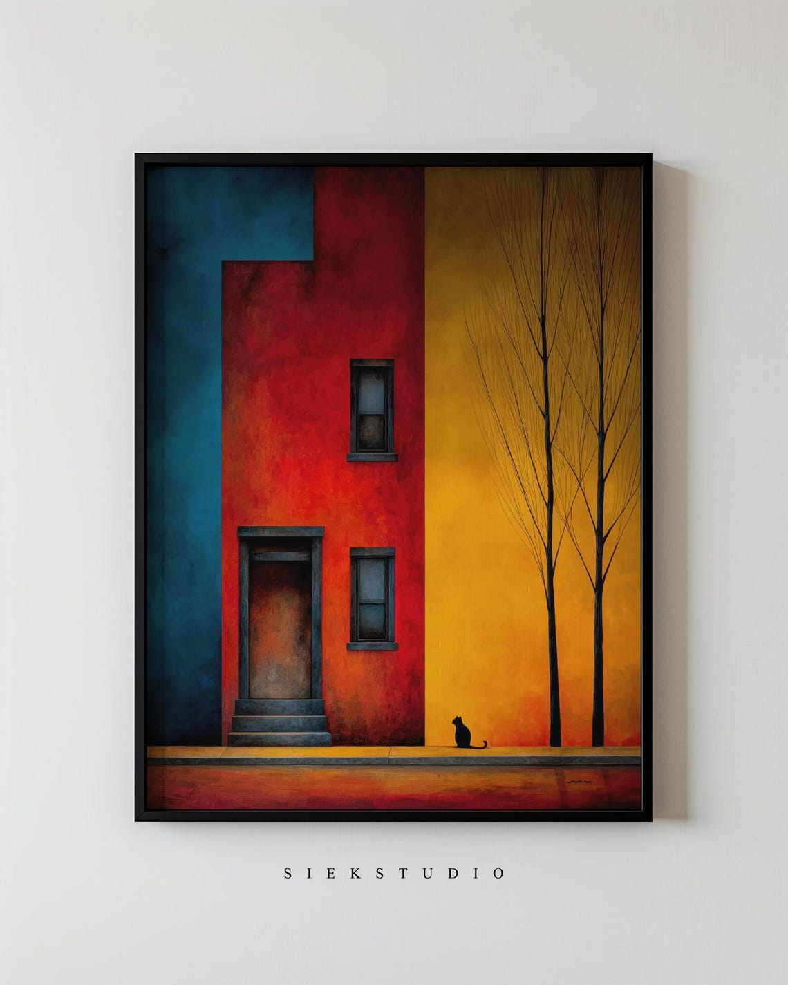 Bold Red Building Black Cat Silhouette Modern Architectural Poster