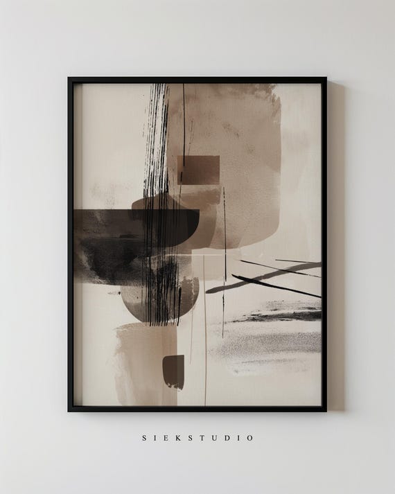 Modern Abstract Shapes Painting Minimalist Neutral Wall Art Black Brown Beige Contemporary Geometric And Organic Composition Decor 100
