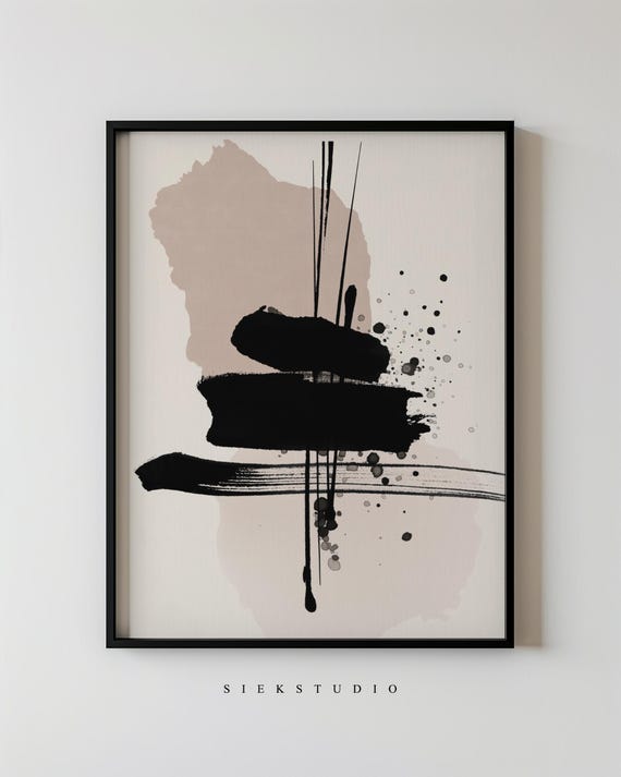 Modern Abstract Black Brushstroke Paint Splatter Minimalist Painting Wall Art Contemporary Home Decor 258
