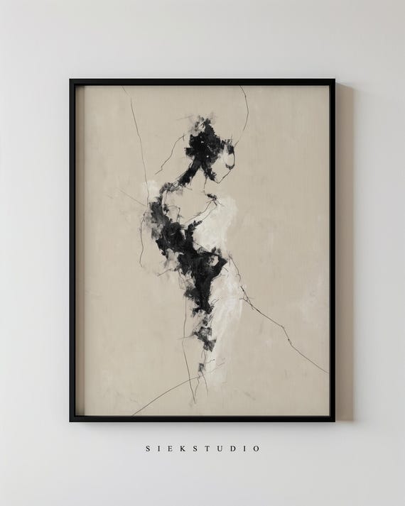 Minimalist Abstract Feminine Figure Wall Art Black And Beige Silhouette Expressive Line Drawing Neutral Modern Body Decor