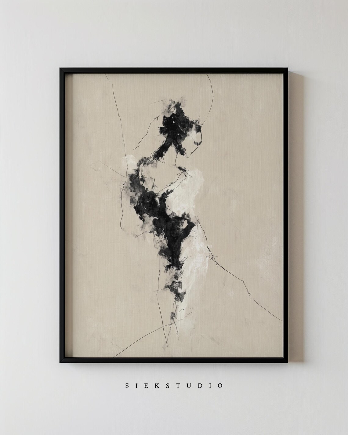 Minimalist Abstract Feminine Figure Wall Art Black And Beige Silhouette Expressive Line Drawing Neutral Modern Body Decor