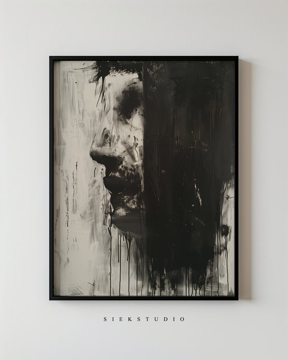 Abstract Expressionism Dark Portrait In Black And White Modern Brush Stroke Art Contemporary Wall Painting Print