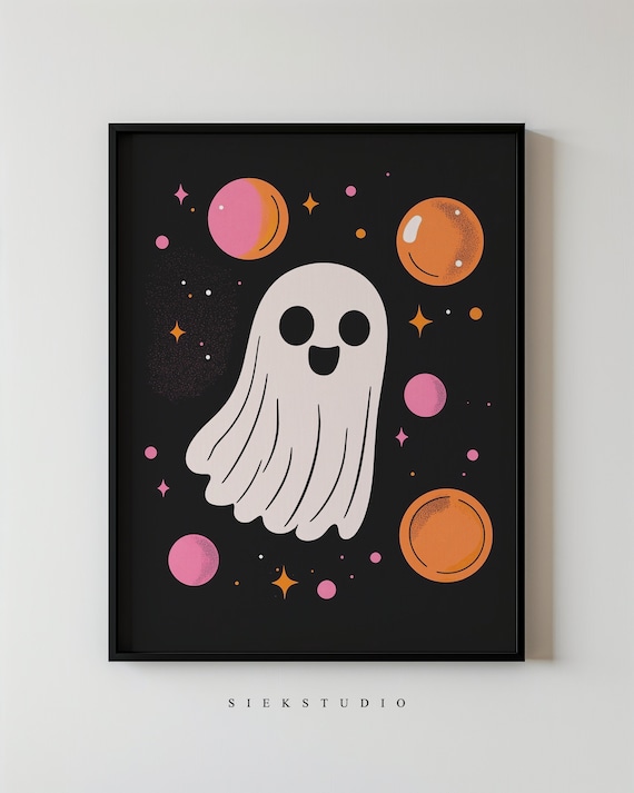 Cute Kawaii Ghost Floating Among Planets Spooky Halloween Poster