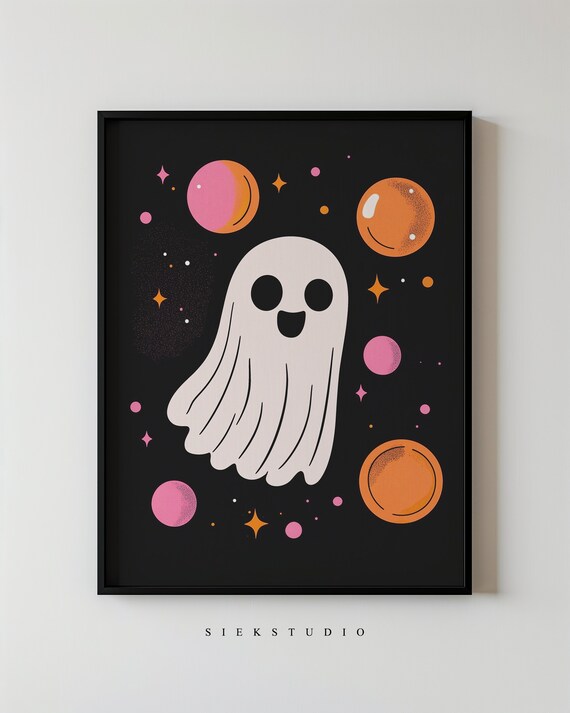 Vintage Space Kawaii Ghost Art Cute Halloween Poster Space Themed Wall Art Cosmic Nursery Decor Kids Room Halloween Art