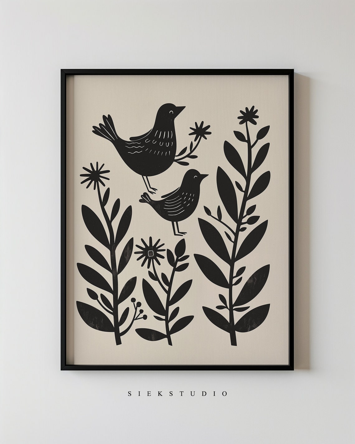 Two Folk Birds Among Wildflowers Black And Beige Nature Poster