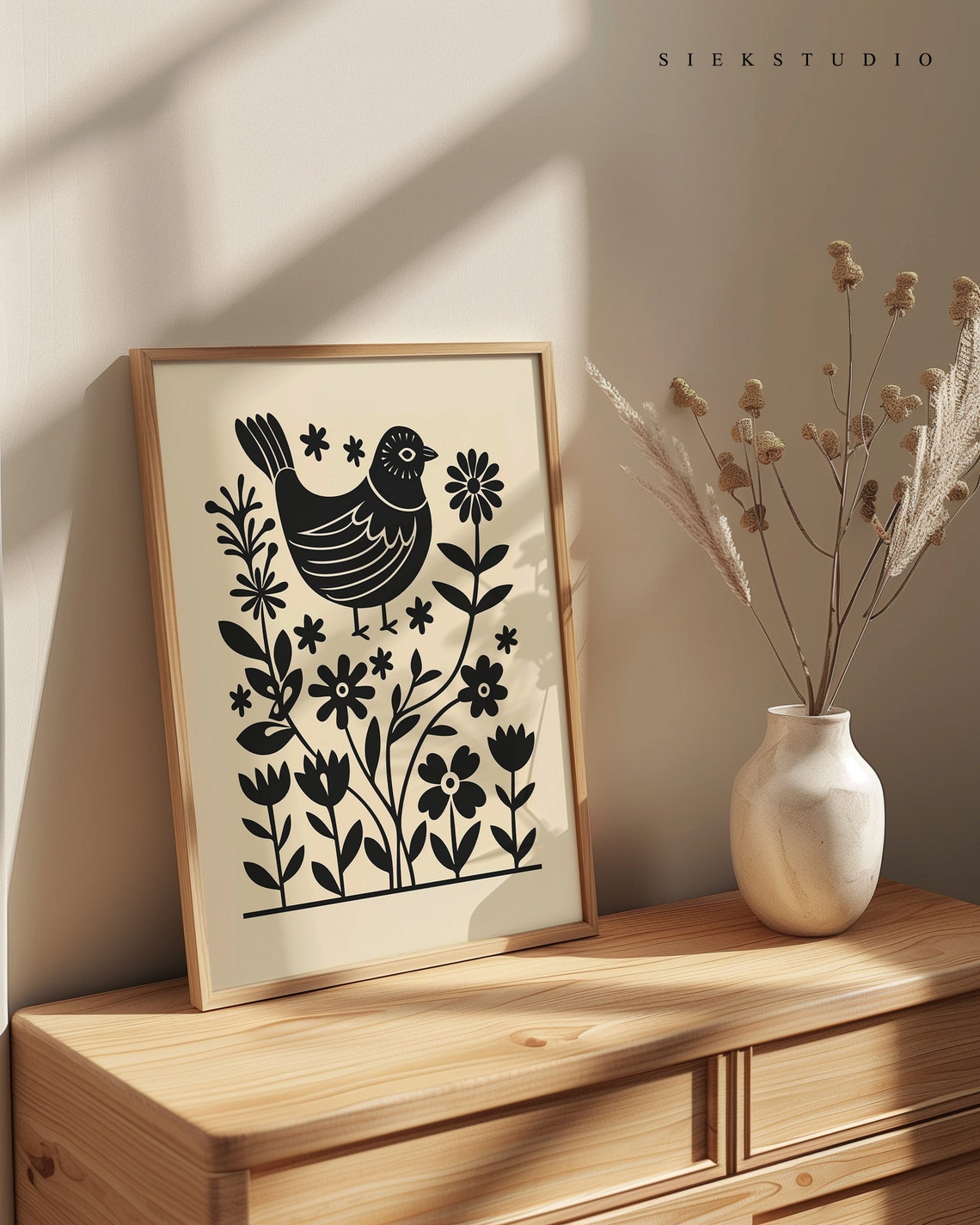 Folk Bird Garden Silhouette Botanical Black And Beige Poster - Image 3