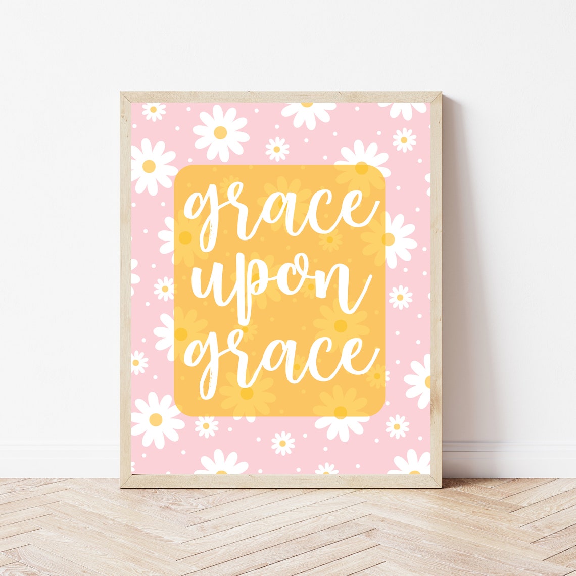 Grace Upon Grace Daisy Pink Yellow Retro Nursery Wall Decor Poster