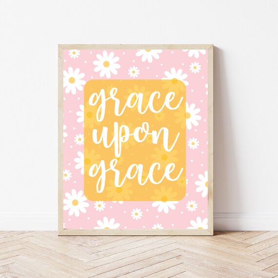 Grace Upon Grace Daisy Pink Yellow Retro Nursery Wall Decor Poster