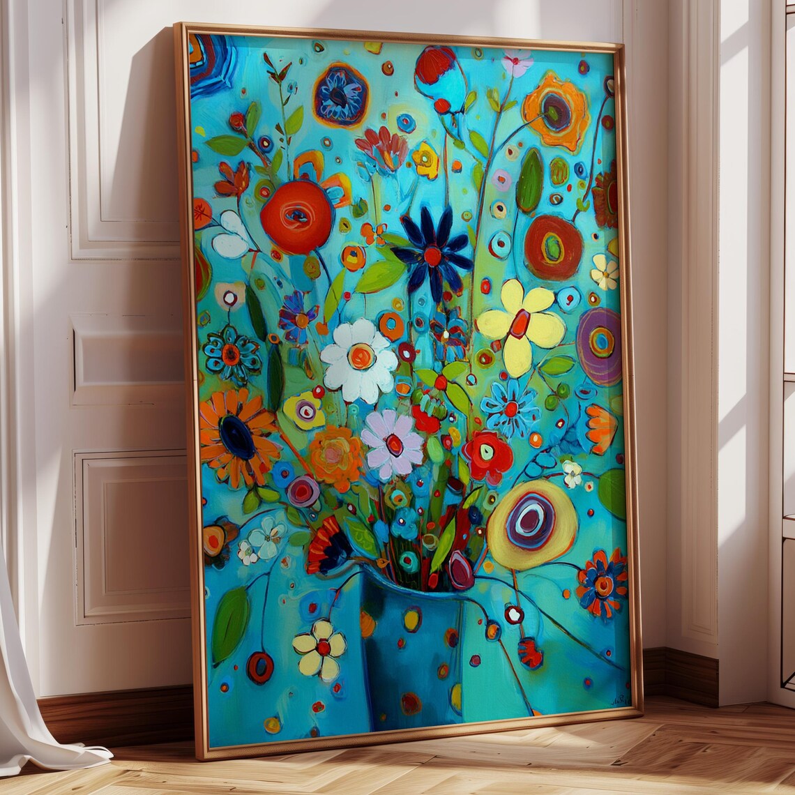 Bold Modern Floral Art Print, Whimsical Folk Flowers