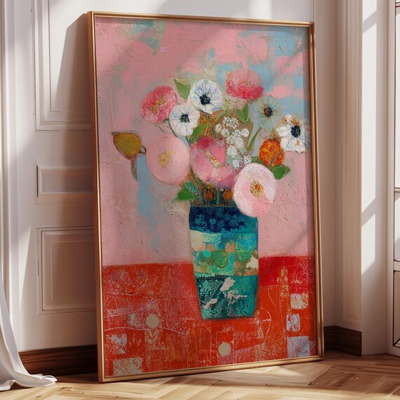 Pink Floral Bouquet Blue Vase Still Life Impressionist Style Wall Poster