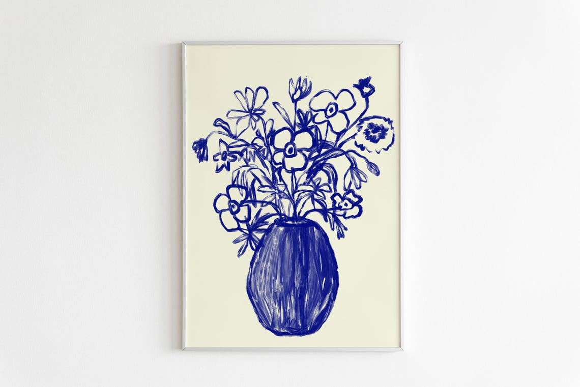 Hand Drawn Blue Vase Wildflowers Sketch Botanical Line Art Wall Art - Image 2