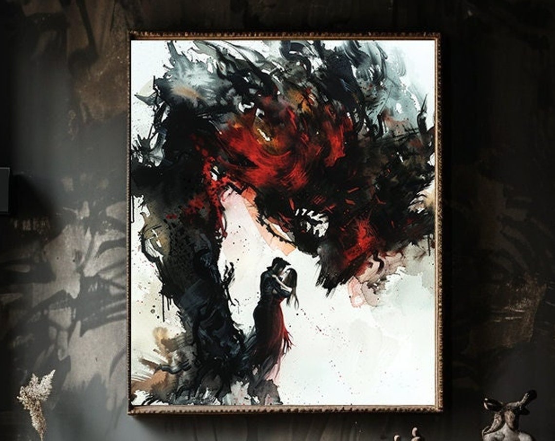 Dark Wall Modern Abstract Art Print Watercolour Painting Of A Couple In Love Home Decor Dark Academia Happy Couple Print Demon Love