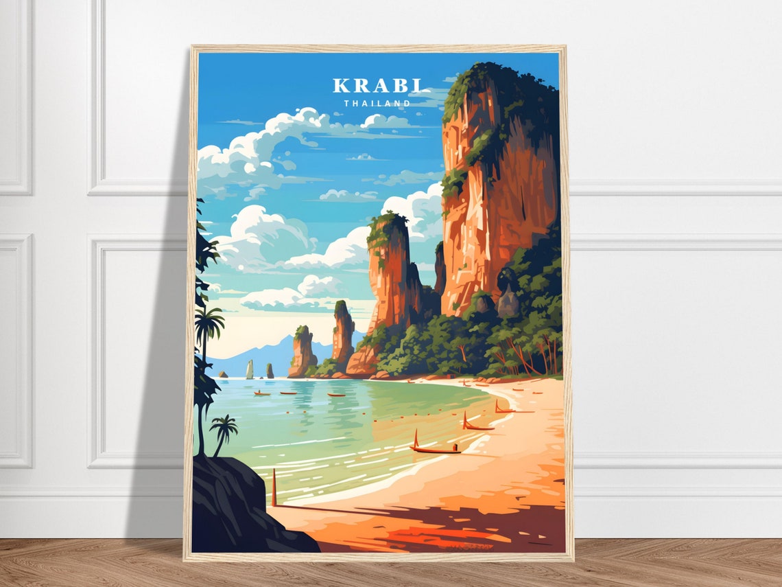 Krabi Thailand Railay Beach Limestone Cliffs Colorful Travel Poster