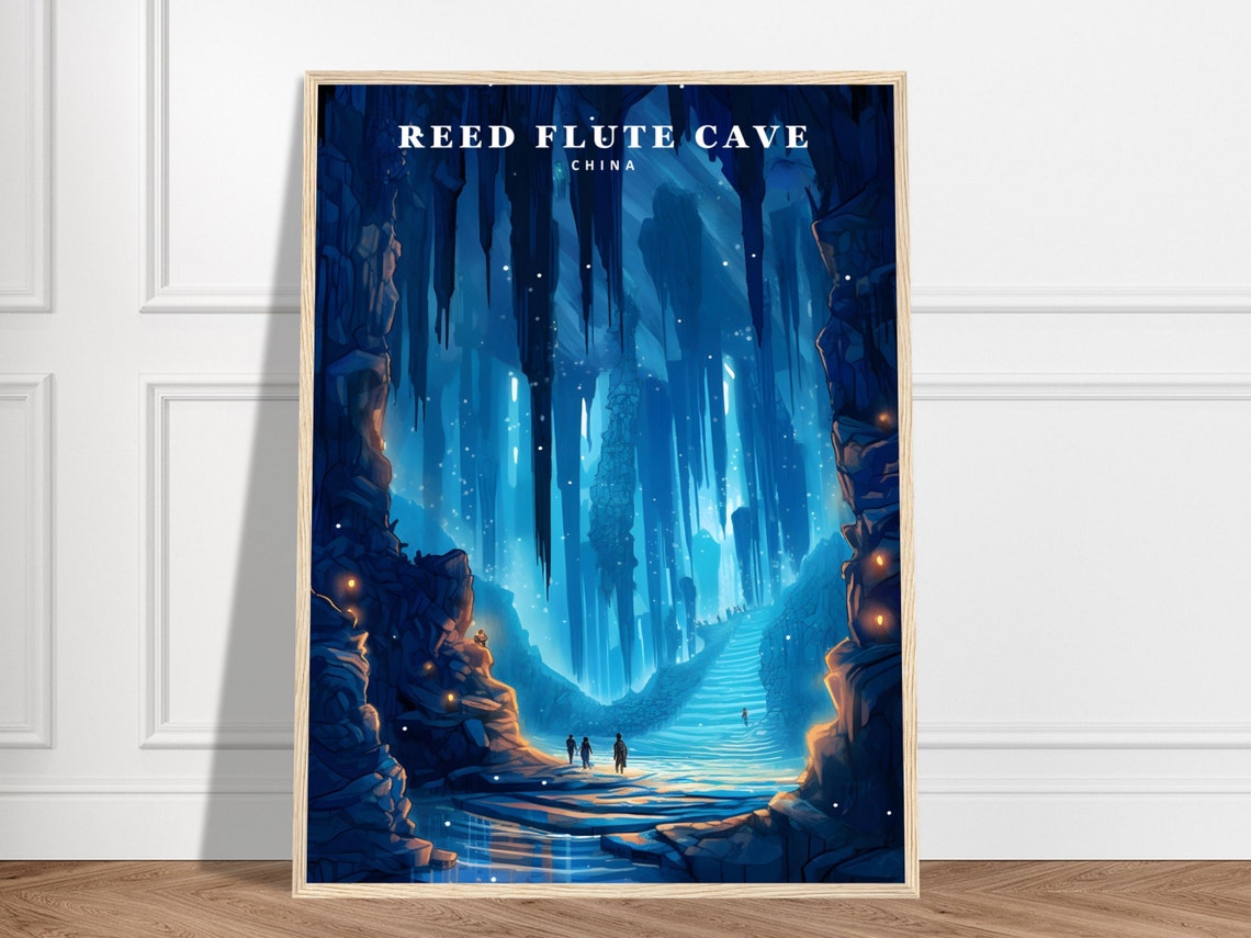 Reed Flute Cave Guilin China Blue Stalactite Vintage Travel Poster