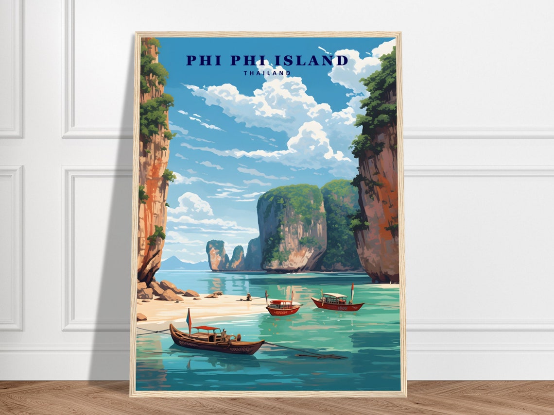 Phi Phi Island Thailand Longtail Boats Limestone Cliffs Travel Poster