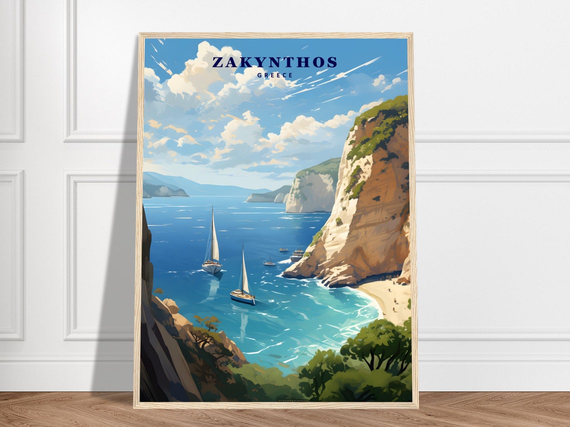 Zakynthos Greece Sailboat Cove White Cliffs Vintage Travel Poster