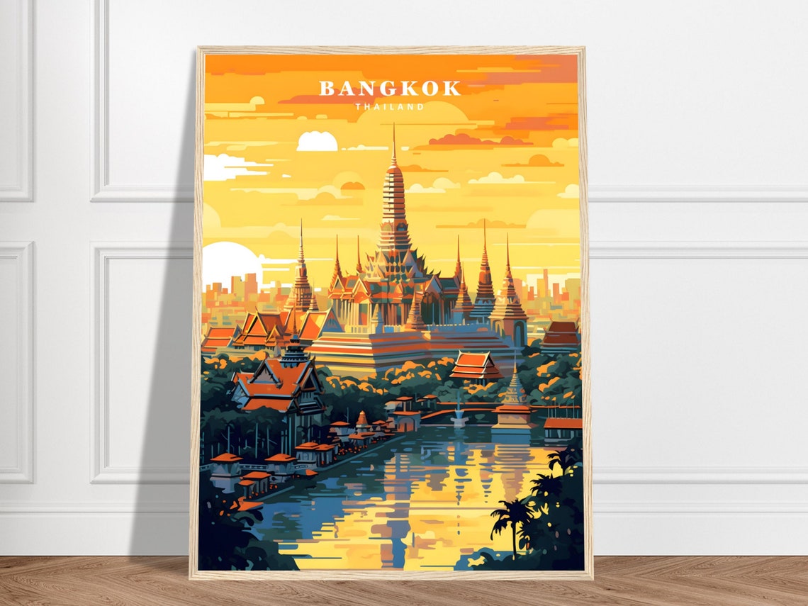 Bangkok Thailand Grand Palace Golden Sunset Riverside Travel Poster