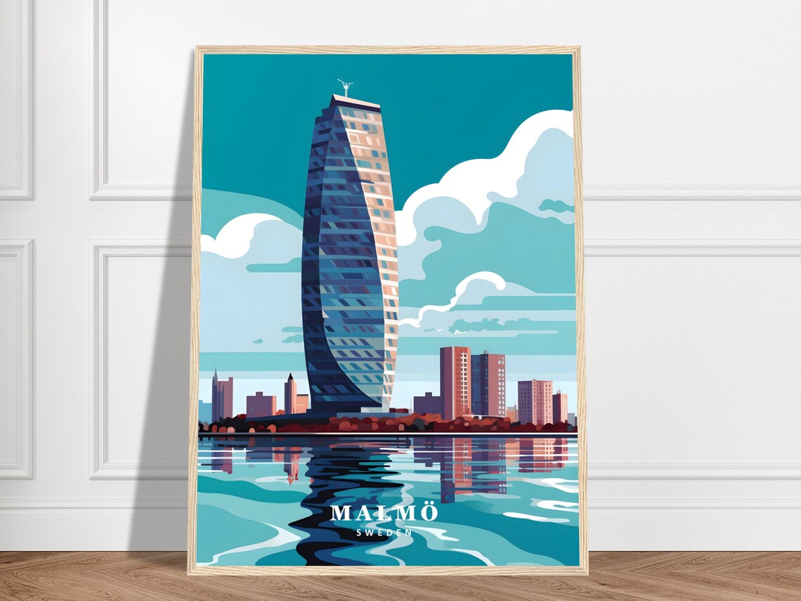 Malmo Sweden Travel Poster Turning Torso Skyscraper Harbor City Art