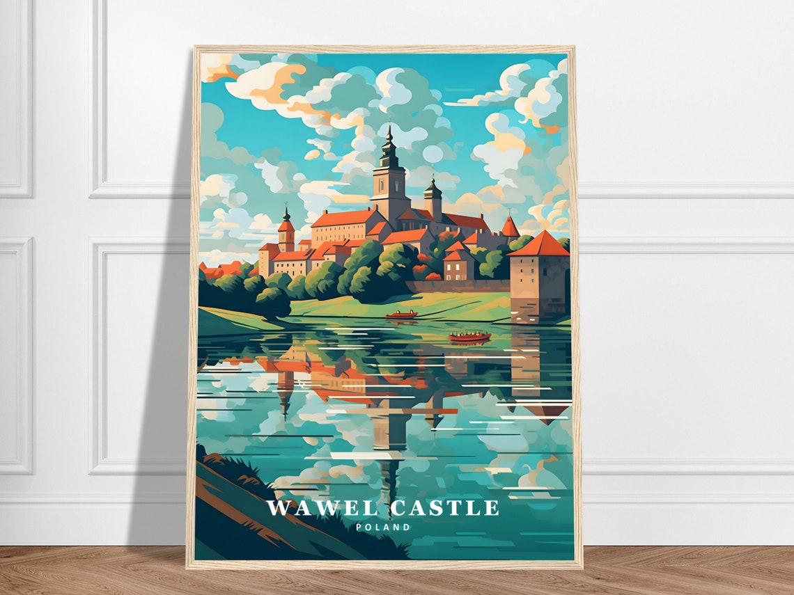 Wawel Castle Poland Krakow Retro River Reflection Travel Poster