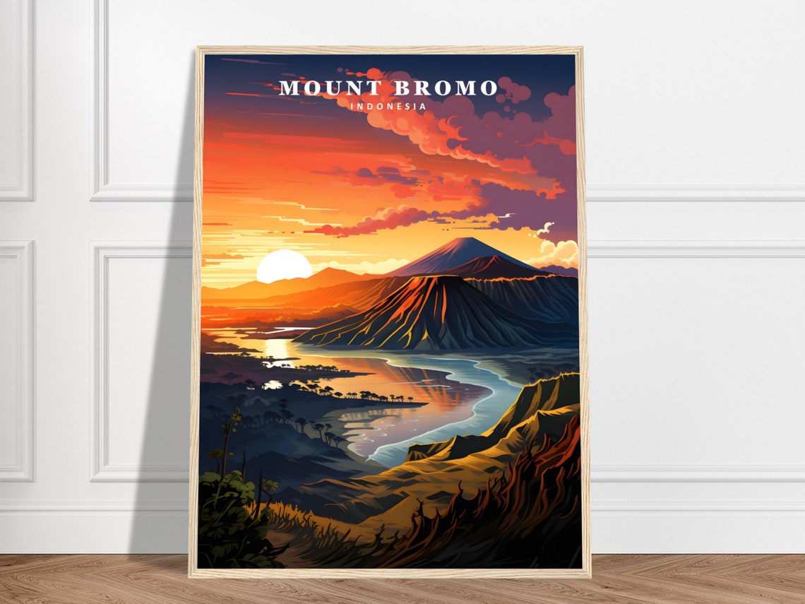 Mount Bromo Indonesia Volcano Sunset Dramatic Vintage Travel Poster