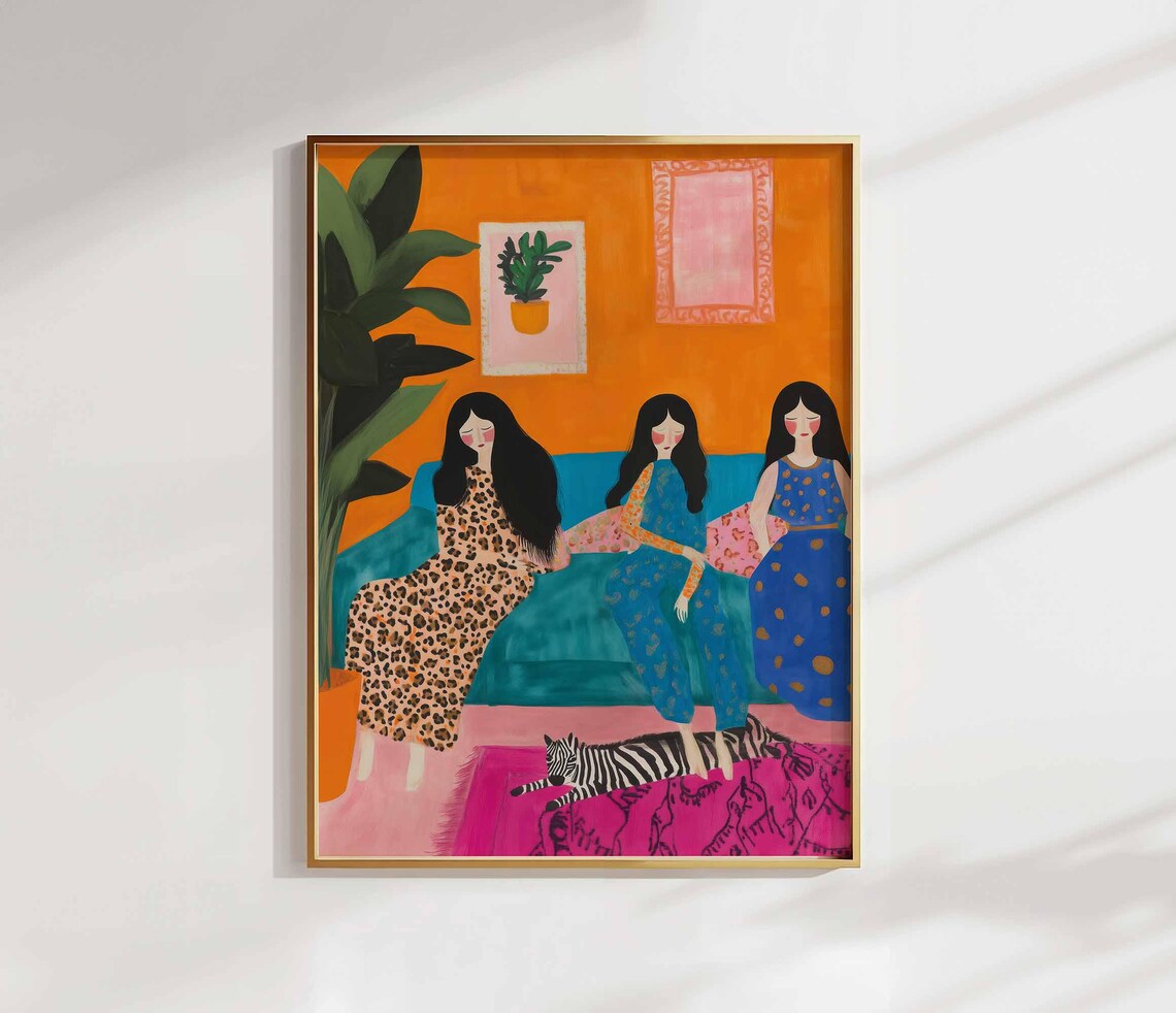 Three Women Friends on Sofa with Black Cat Sisterhood Art Print - Image 2