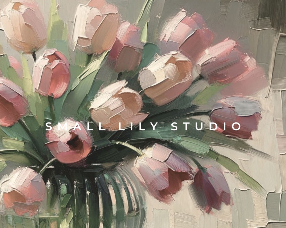 Pink Tulips In Glass Vase Impasto Textured Still Life Floral Poster - Image 4