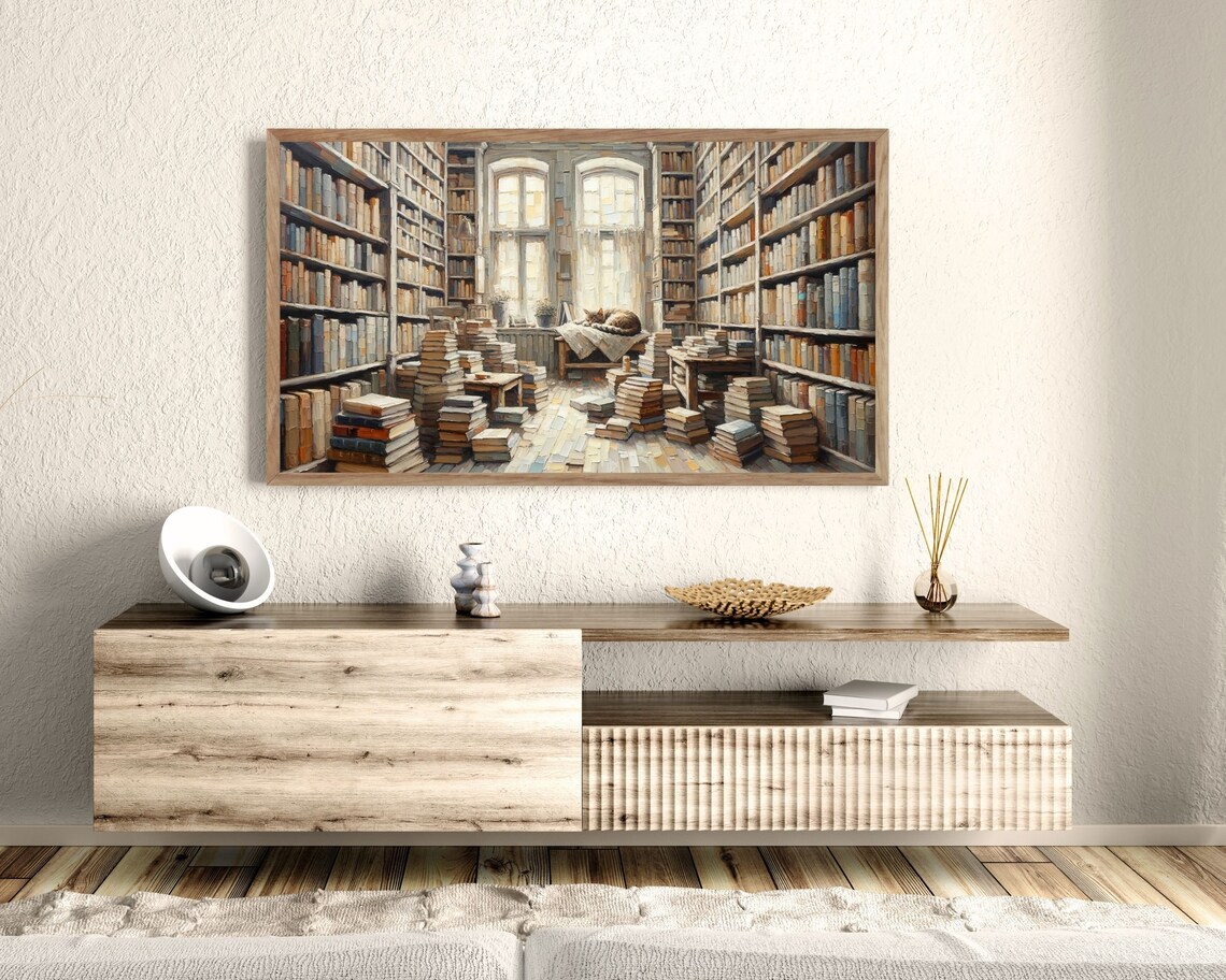 Cat Sleeping In Library, Vintage TV Artwork - Image 2
