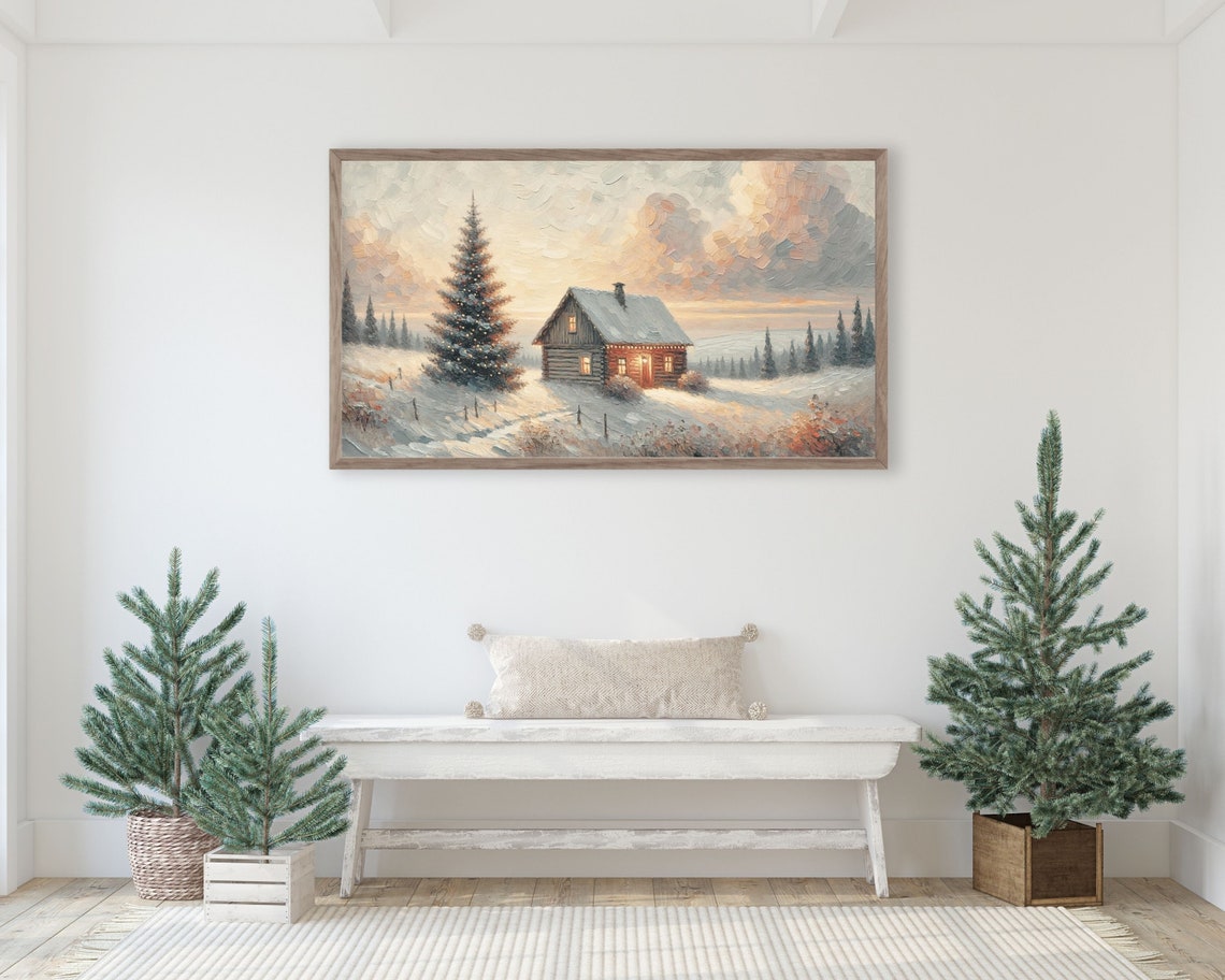 Frame Tv Art Christmas Cabin Winter Frame Tv Christmas Cottage Art Farmhouse Christmas Painting Frame Tv Art Winter Pink Tv156 - Image 2