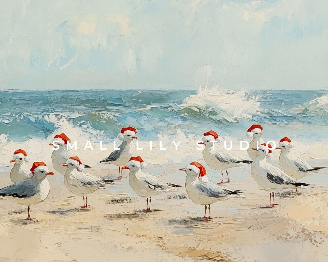 Seagulls in Santa Hats on Beach, Coastal Christmas Art Print - Image 4