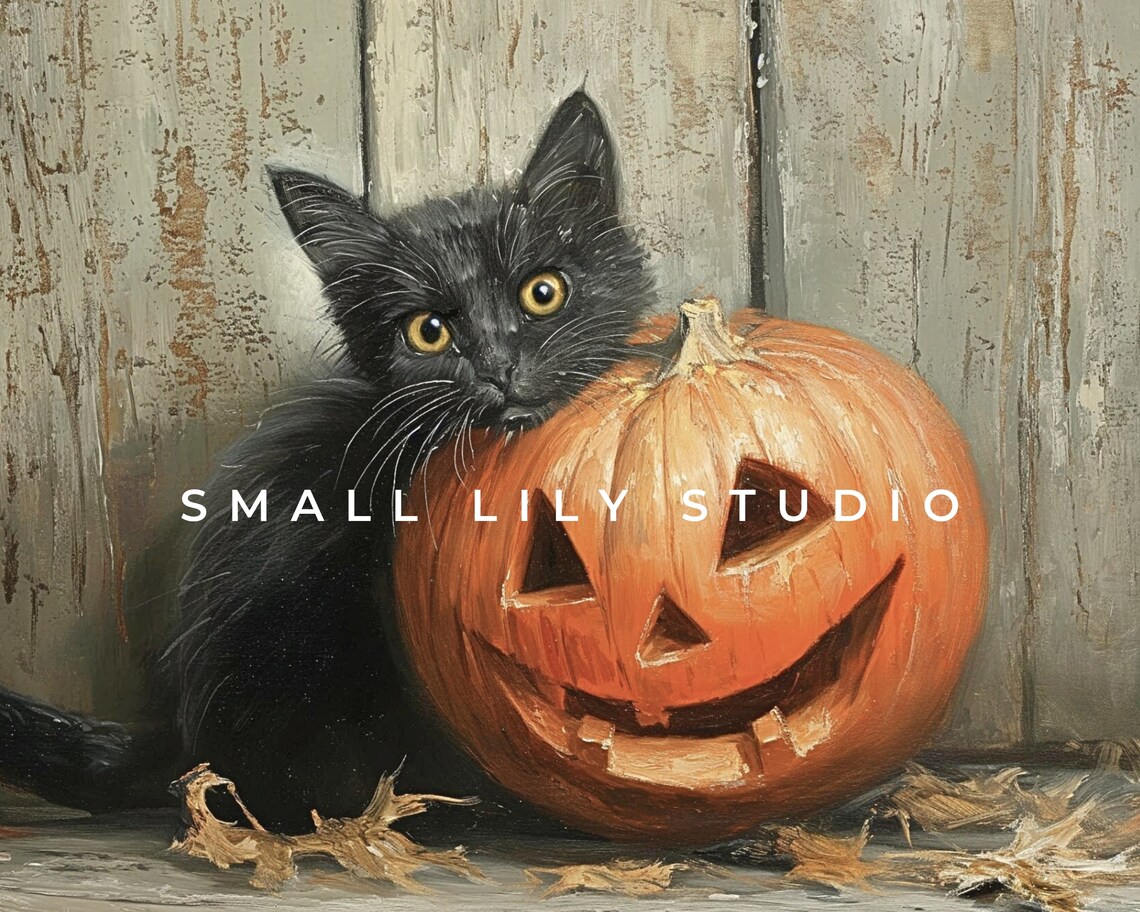 Black Kitten With Jack O Lantern Rustic Vintage Halloween Painting Poster - Image 4