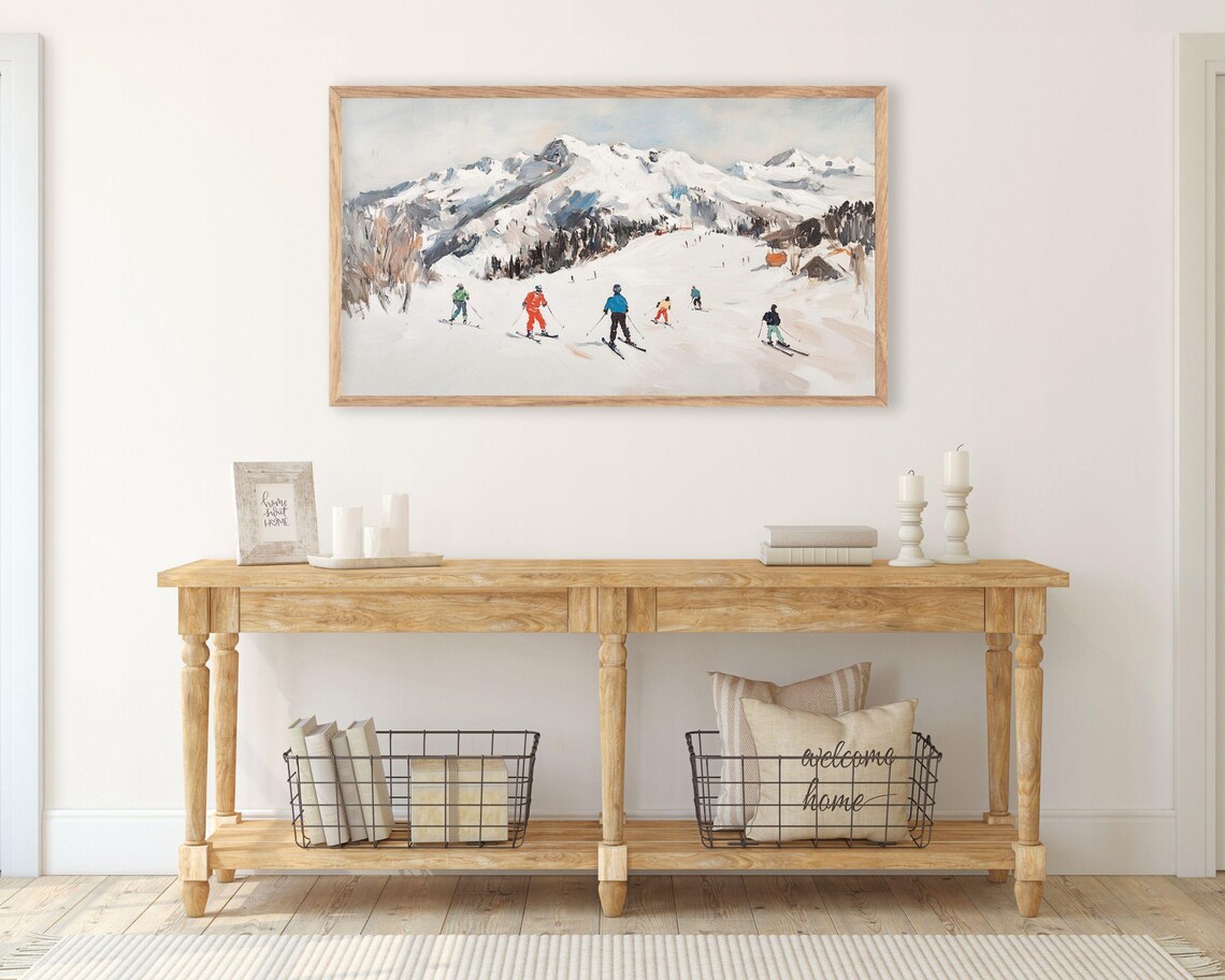 Skiers Racing Down Snowy Mountain Slope Vintage Winter Sports Scene Poster - Image 2