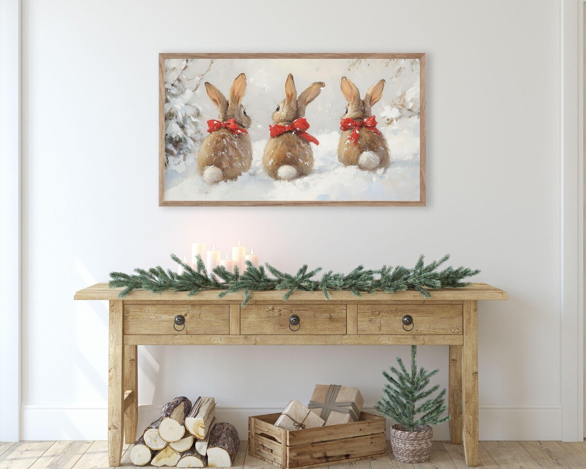 Bunnies With Red Bows In Snow, Winter Animal Art Print - Image 2