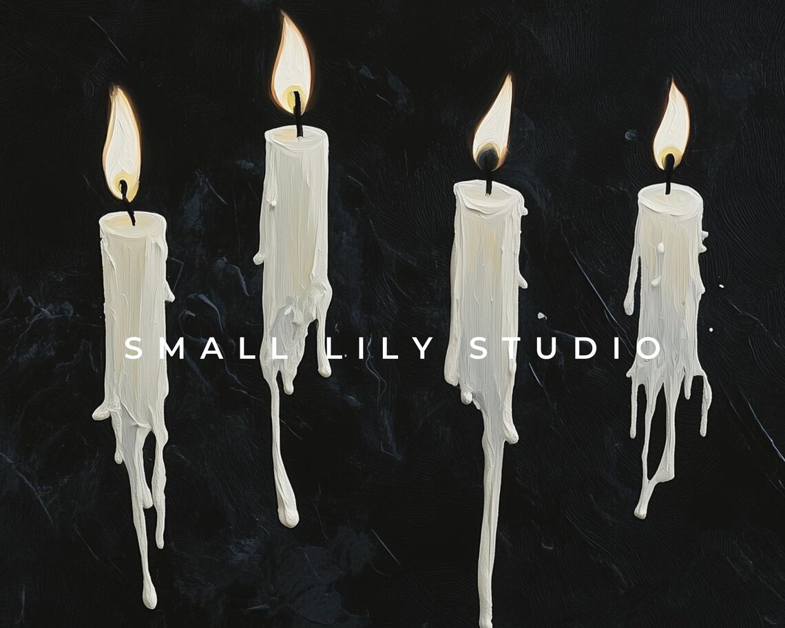 White Floating Candles Black Background Minimalist Halloween Painting Poster - Image 4