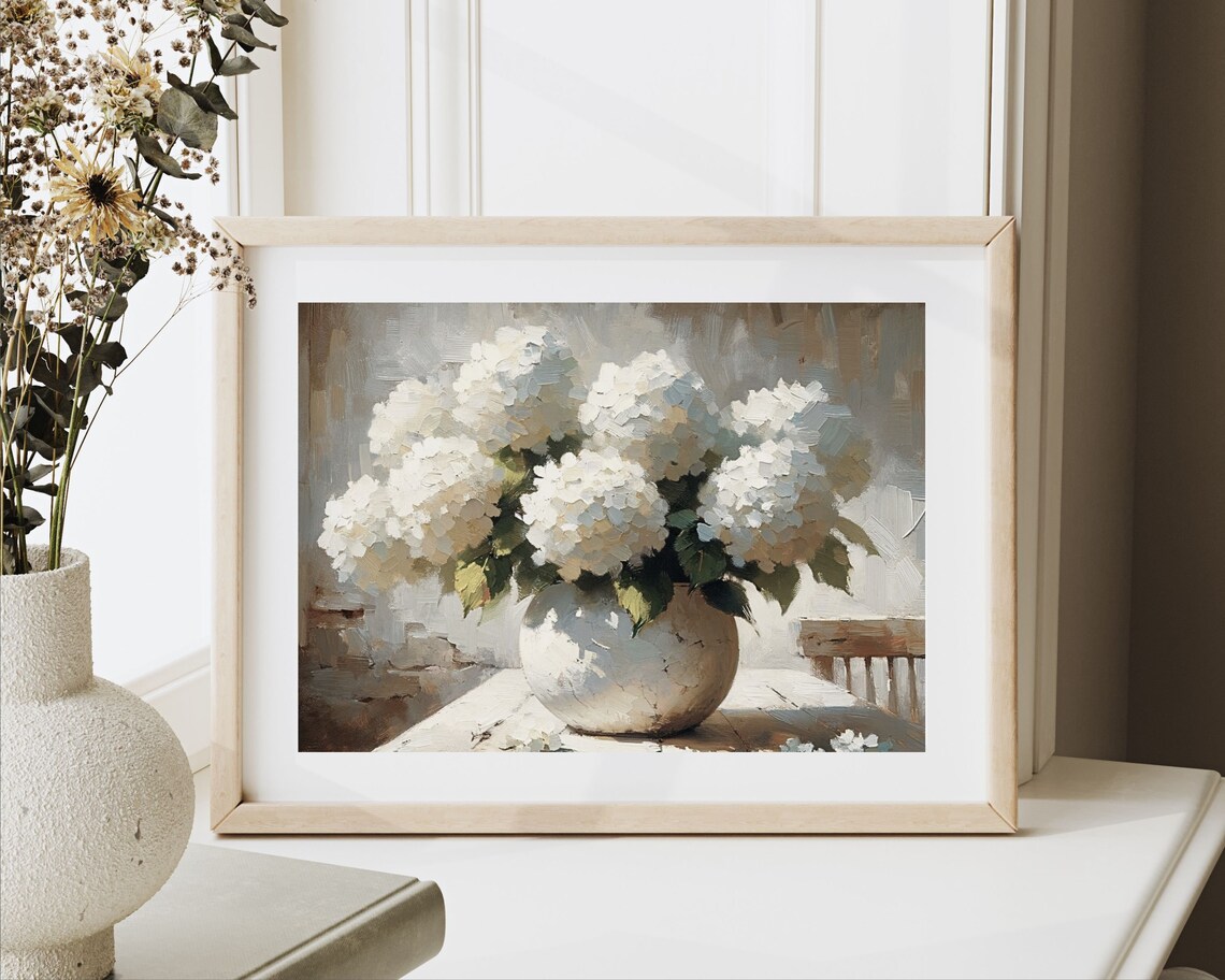 White Hydrangeas In Ceramic Vase Neutral Farmhouse Floral Still Life Poster - Image 2