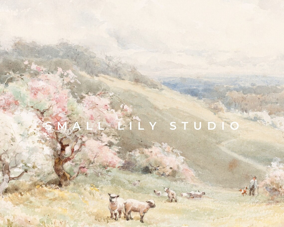 Spring Countryside Lambs Grazing Blossom Trees Pastel Watercolor Poster - Image 4