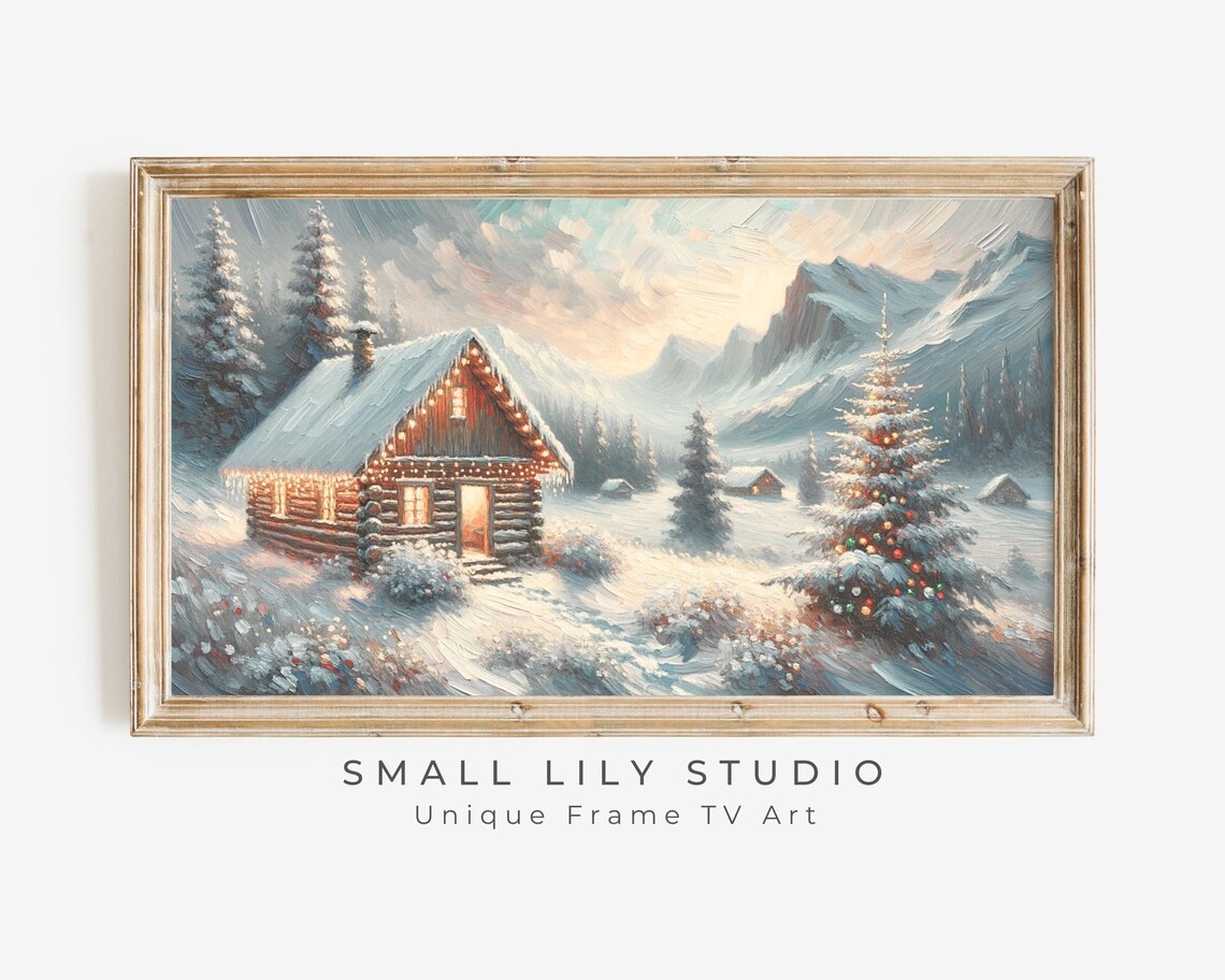 Christmas Cabin Snowy Mountains Lights Festive Winter Painting Poster