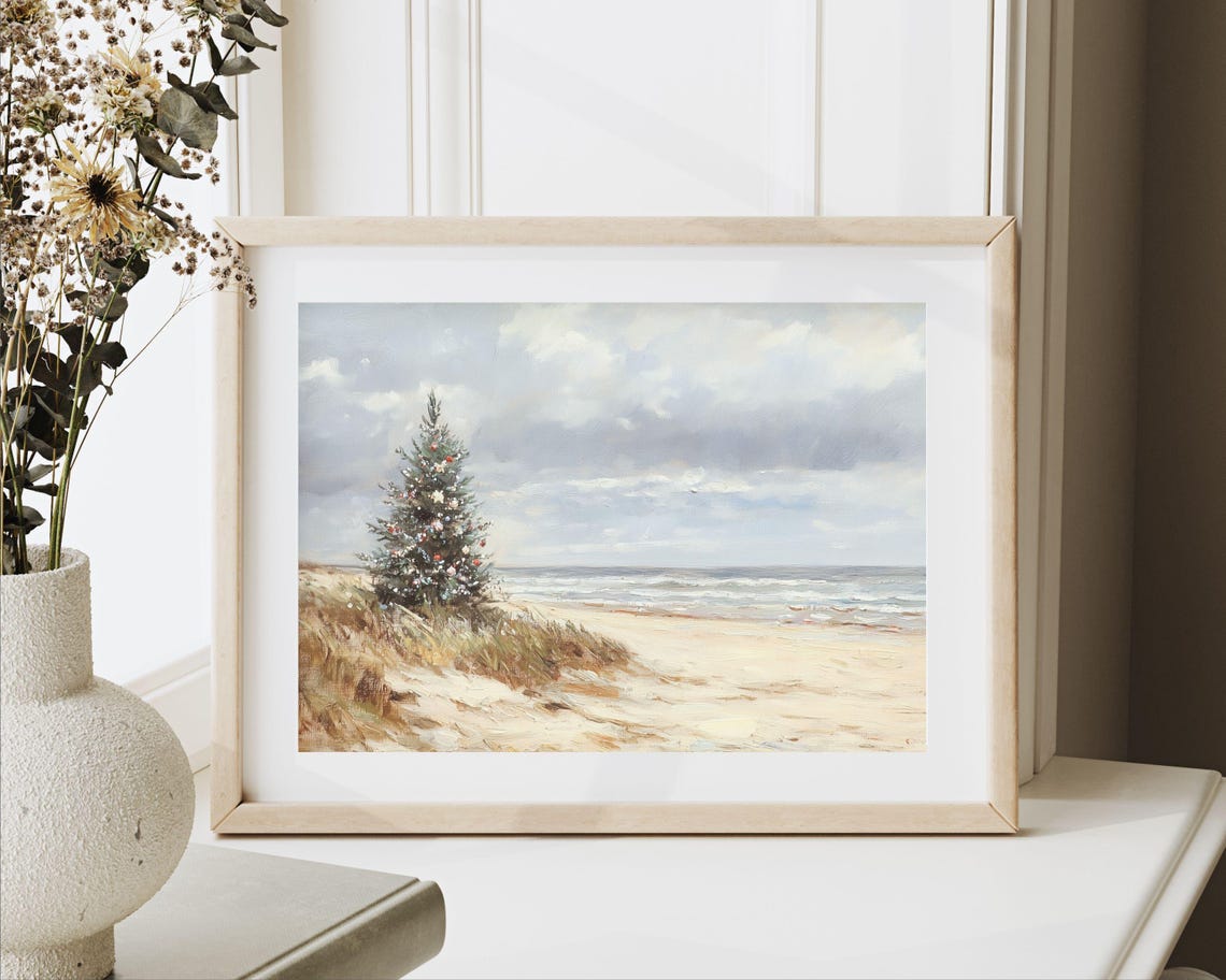 Coastal Christmas Tree on Sandy Beach Dunes Ocean Vintage Poster - Image 2