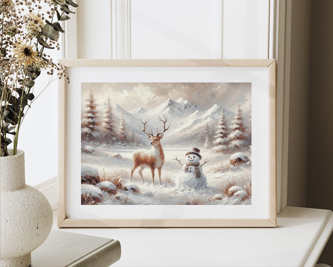 Cute Deer And Snowman Pink Winter Wonderland Kids Christmas Art Print - Image 3