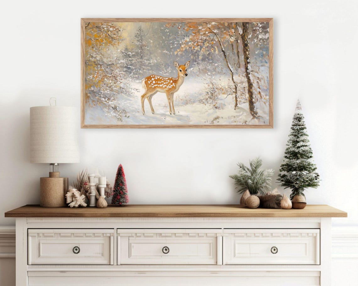 Frame Tv Art Baby Deer In Winter Landscape Neutral Frame Tv Art Vintage Painting Style Cute Animal Tv Screensaver For Kids Tv561 - Image 3