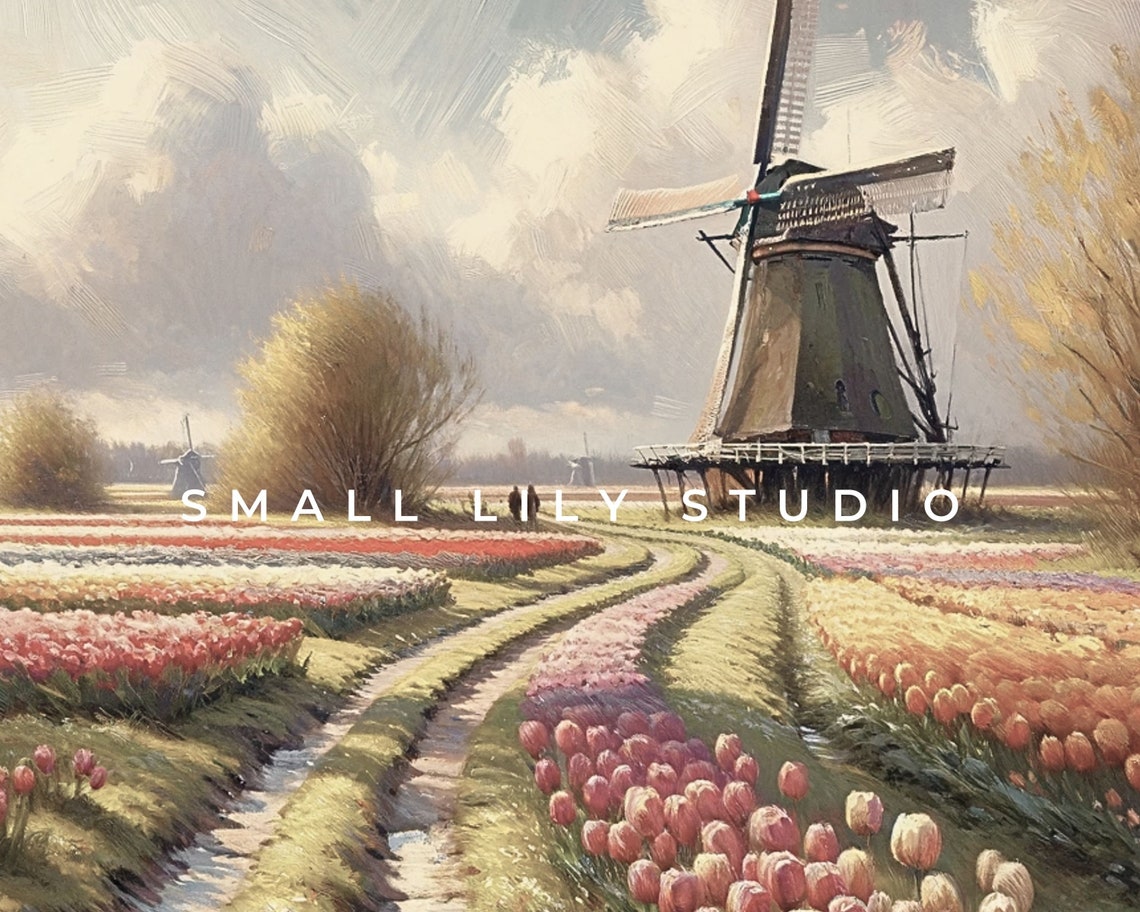 Dutch Windmill Colorful Tulip Field Rows Spring Netherlands Print - Image 4