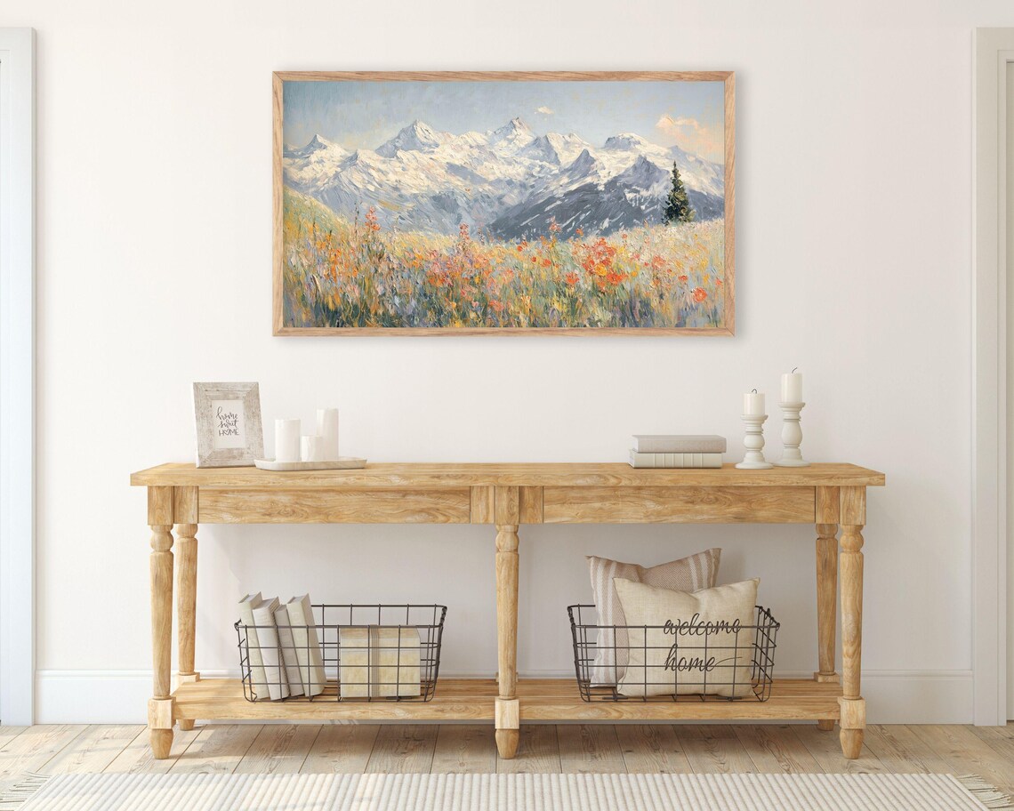 Red Alpine Wildflowers Snow Capped Mountains Meadow Textured Painting Poster - Image 3